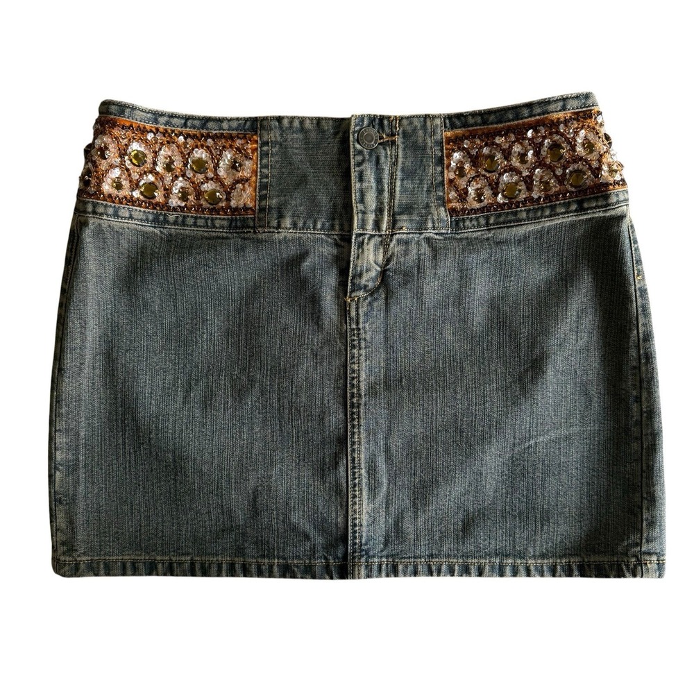 Vintage Y2K Express Beaded Denim Mini Skirt Sz Medium 7/8 Fairy Boho Whimsigoth